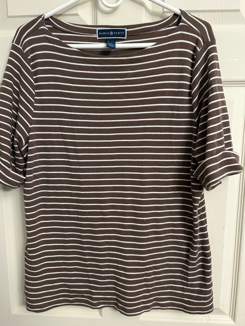 Karen Scott Brown and White Striped Short Sleeve Top